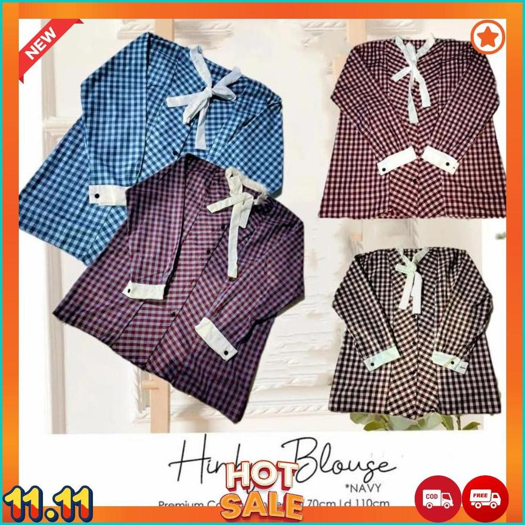 Kemeja Wanita Korea Model Pita Leher/Atasan Kemeja Motif Kotak-Kotak Ful Kancing Terbaru/Atasan Blou