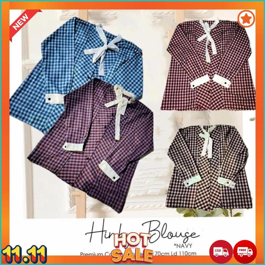 Kemeja Wanita Korea Model Pita Leher/Atasan Kemeja Motif Kotak-Kotak Ful Kancing Terbaru/Atasan Blou