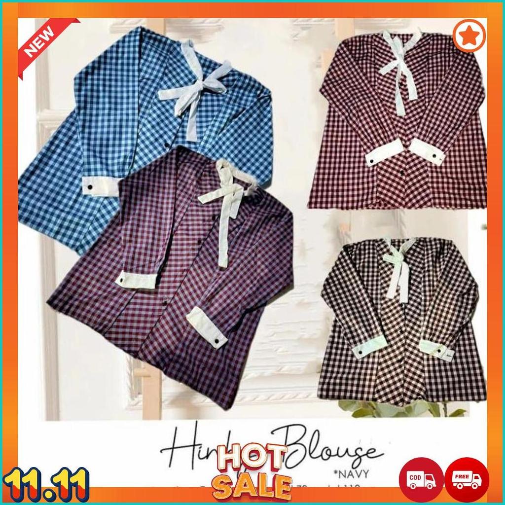 Kemeja Wanita Korea Model Pita Leher/Atasan Kemeja Motif Kotak-Kotak Ful Kancing Terbaru/Atasan Blou