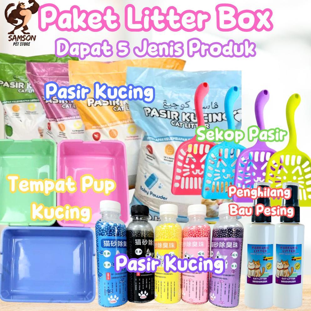 SOLVESSA [GROSIR] PAKET CAT LITTER BOX KUCING 5 IN 1 | BAK PASIR KUCING + SEKOP + PASIR KUCING GUMPA