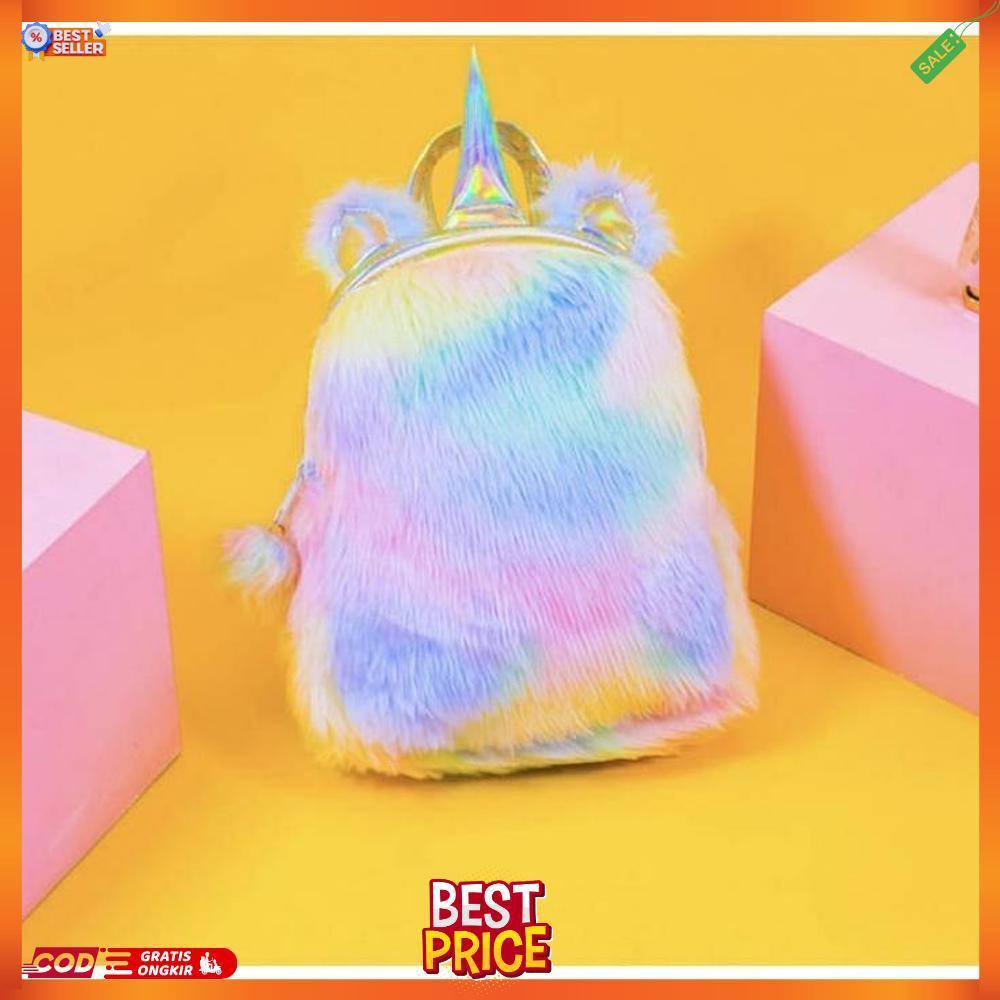 Tas Ransel Fluffy Unicorn Bag Rainbow / Tas Hologram Bulu Import Premium Unicorn Mini Backpack / Tas