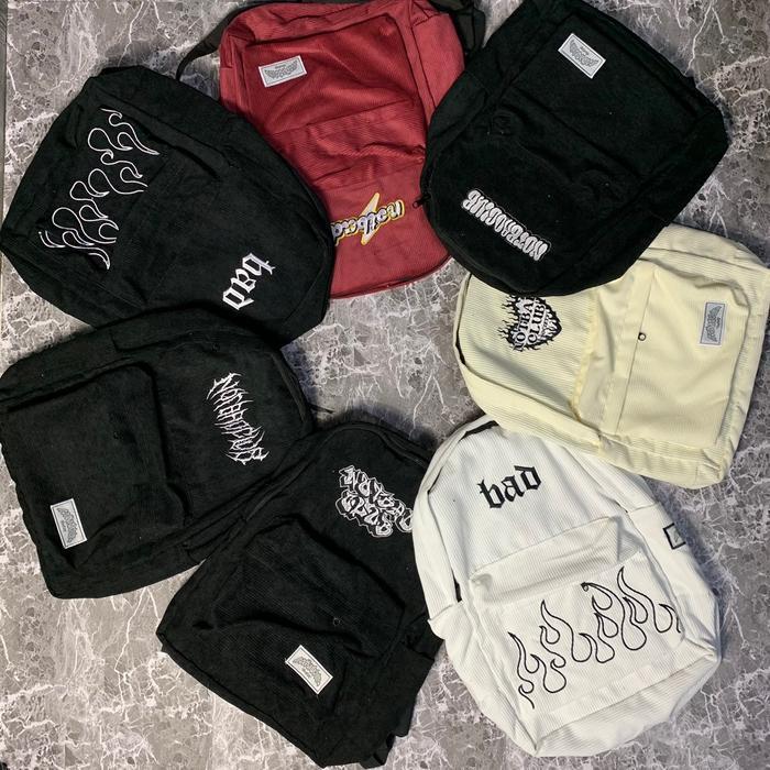 Tas Ransel  Notbadclub Corduroy Carhat Series Art Font Tas Sekolah Anak  Backpack Travel Laptop