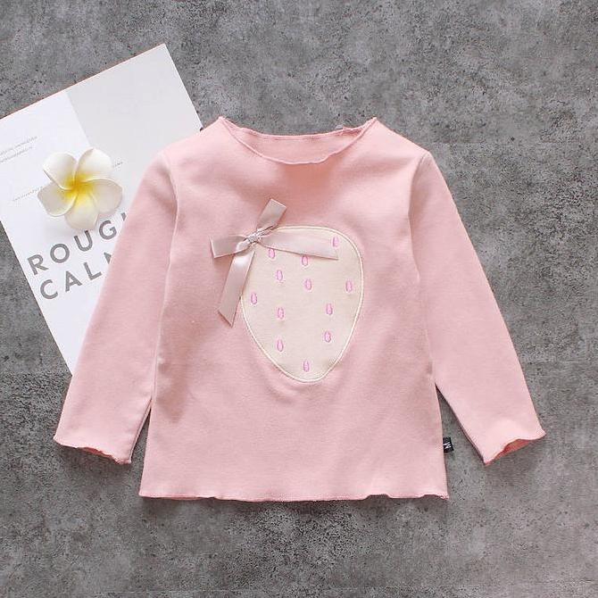 Wakeup- Baju Kaos T-Shirt Fashion Anak Perempuan Lengan Panjang Motif Strawberry Warna Putih, Pink D