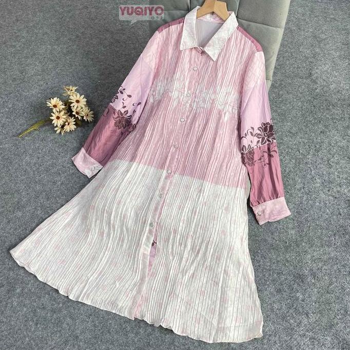 UPFRADE STYLE  YUQIYO | Tunik Muslimah Wanita Slik Plisket / Tunik Motif Bunga / Nyaman Panjang Atas