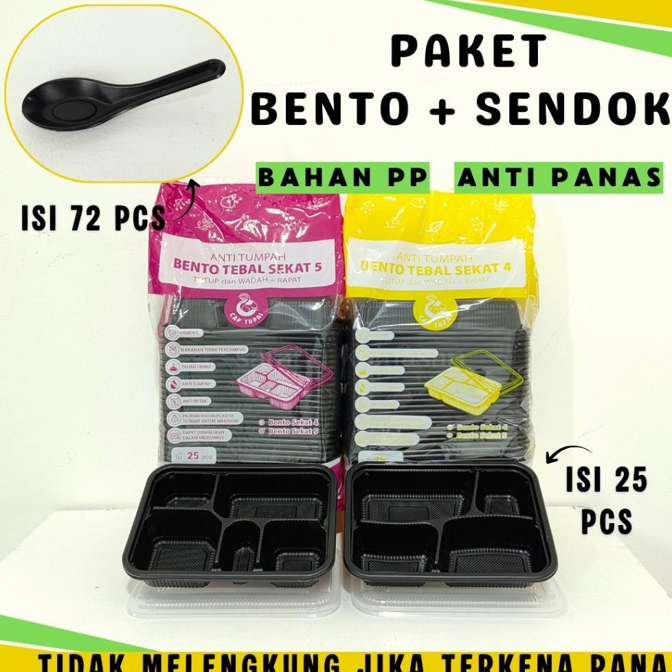 Paket Thinwall Bento Tupai Hitam Sekat 4, Sekat 5 + Sendok Thinwall Bento Hitam / Kotak Bekal Hitam 