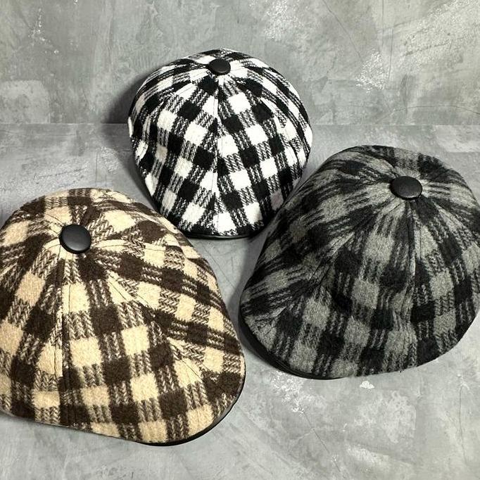 Flat Cap Pria Motif Flannel Bahan Wool Tebal | Newsboy Hat Import | Topi Pet Pelukis Sutradara Kuali