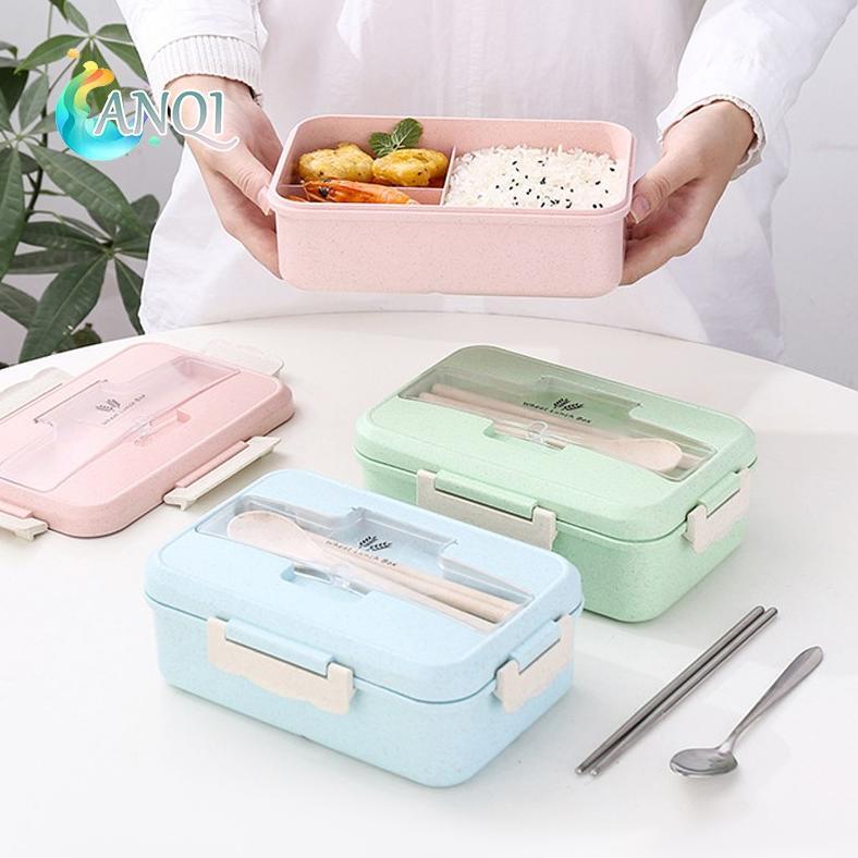 TERMURAH ANQI SHOPlunch box 3 Warna PP Jerami Gandum 1000 ml Lunch Box With Free Sendok BPA /VS