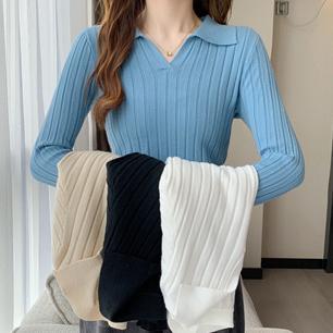 Produk Atasan Wanita Berkerah Rajut | Kaos Crop Rajut Lengan Panjang Kerah Polo | Baju Rajut Wanita 