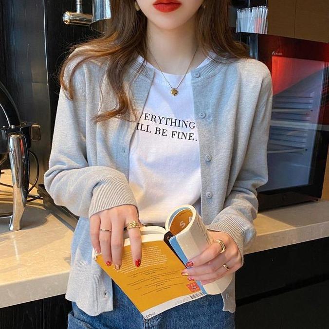 TERKINI Kardigan rajutan tipis warna polos ramping lengan panjang serbaguna baru Knitwear Wanita Ata