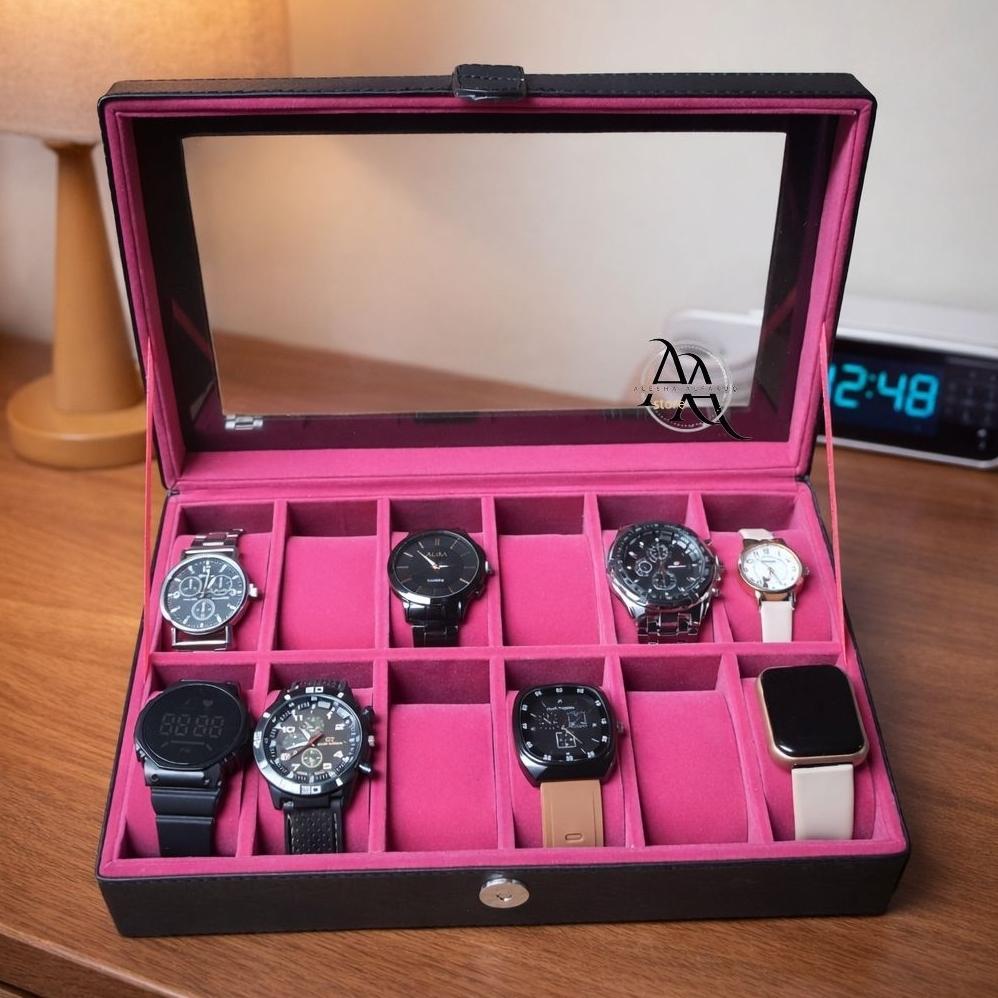 New Kotak jam tangan isi 12/ Box jam tangan isi 12/Tempat jam tangan isi 12 slot kulit sintetis berk