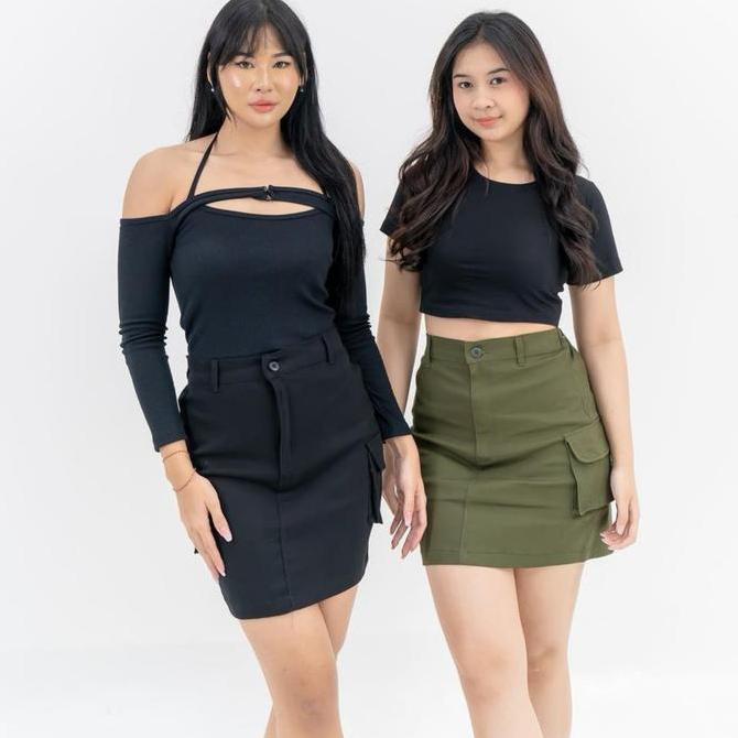 KEKINIAN Rok Cargo Pendek / Kargo Mini Bodycon Pas Badan / Karet Pinggang Belakang Wanita Casual Pol