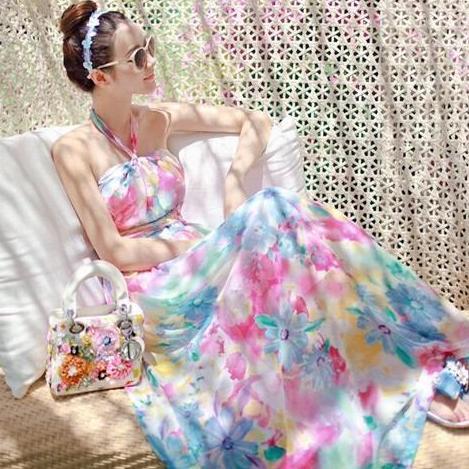 UPFRADE STYLE  RAINBOW halter neck midi dress woman premium / korean summer dress / beachwear bali /