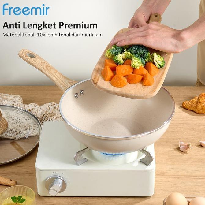 Stufato- [Baru] Freemir Beige 24Cm Wajan Wokpan Panci Anti Lengket Satu Gagang +Tutup Kaca Teflon Mu