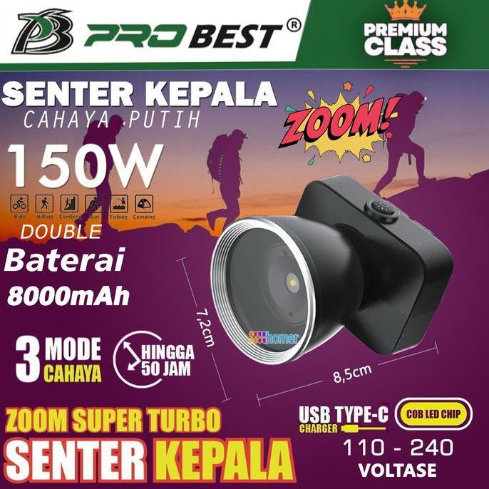 Fluent- Probest Senter Kepala Cob Led Chip Cahaya Terang Normal Sos & Zoom In & Out Headlamp Premium