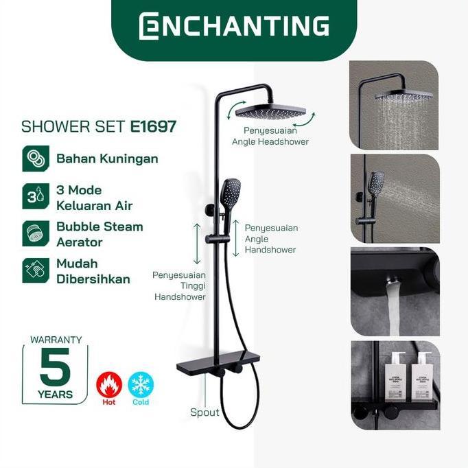 ENCHANTING SHOWER SET BRASS KUNINGAN KERAN MANDI 3 MODE FUNGSI BLACK DESIGN | SHOWER TIANG KAMAR MAN