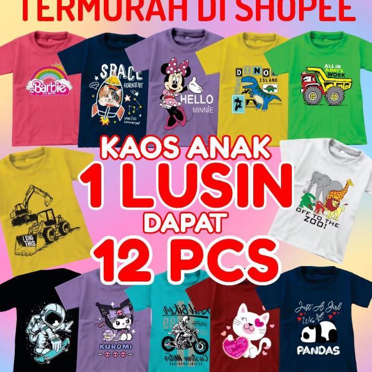 Kaos Anak 1 Lusin 12 Pcs Baju Anak Laki-Laki Perempuan