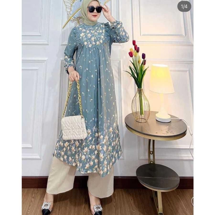 Aurey - oneset long tunik wanita namira setelan tunik panjang rayon busui setelan celana lengan panj