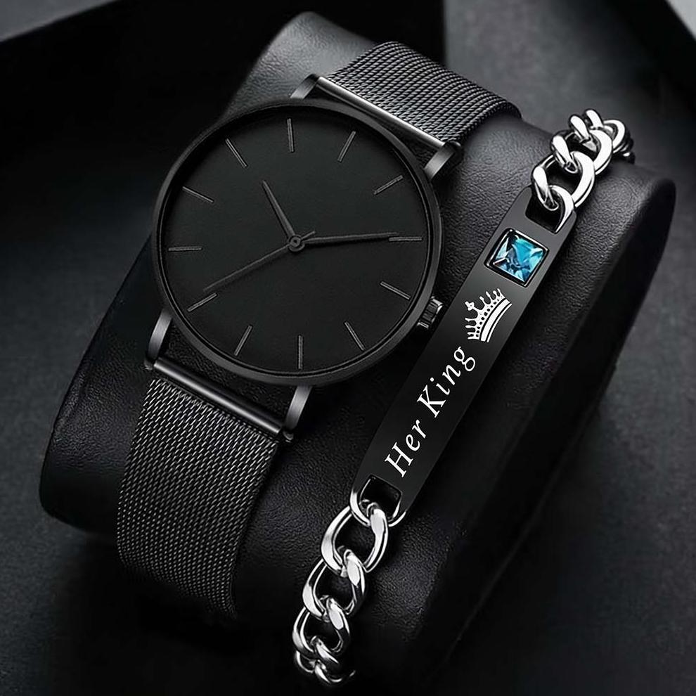 Discount 2PCS Jam Tangan Gaya Bisnis Pria Jam Tangan Mewah Klasik Ultra Tipis Jam Tangan Paduan Bisn