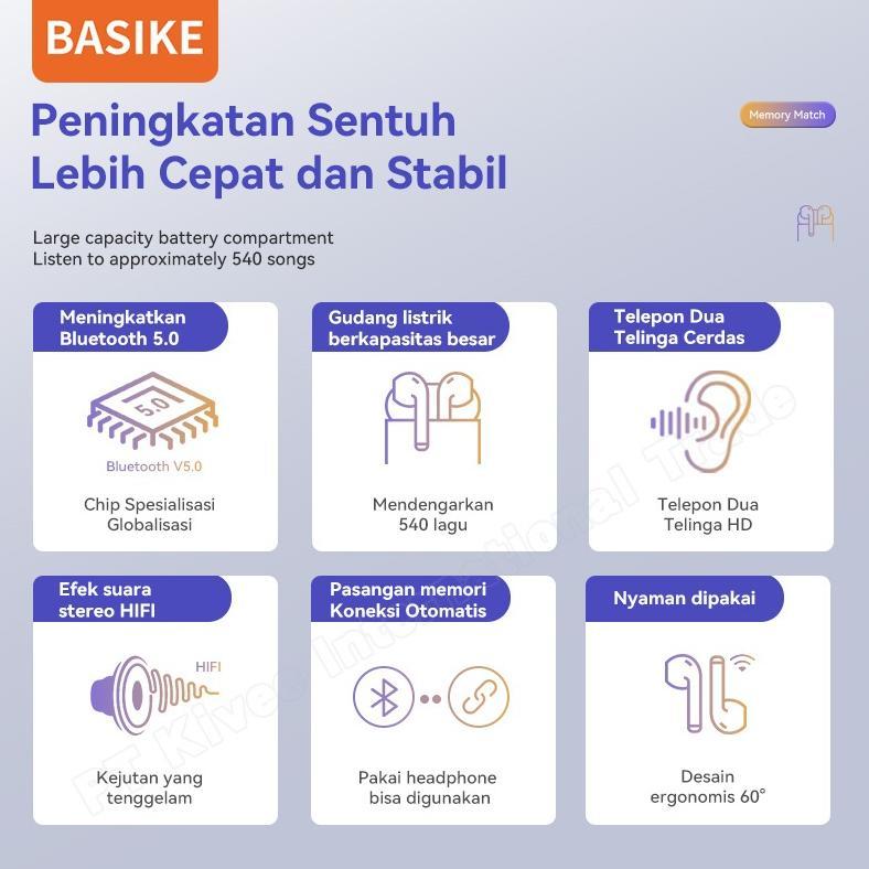 NEW BASIKE Headset TWS Bluetooth 5.0 TW90 Bass Kuat Panggilan Noise Reduction Kasus Pengisian Semi-I