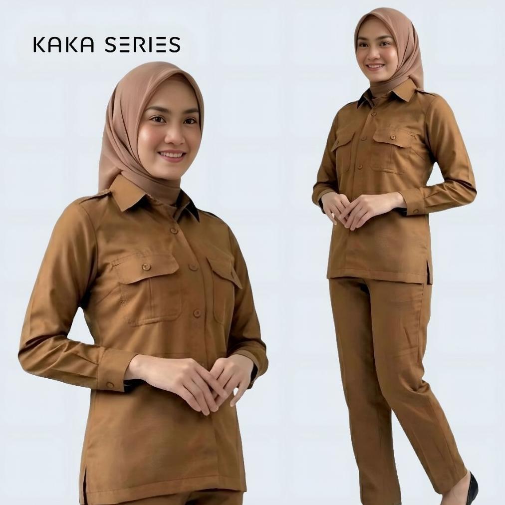 PREMIUM BAJU PNS WANITA KHAKI TUA KEMEJA SET CELANA DAN ROK | SERAGAM DINAS KEKI TUA