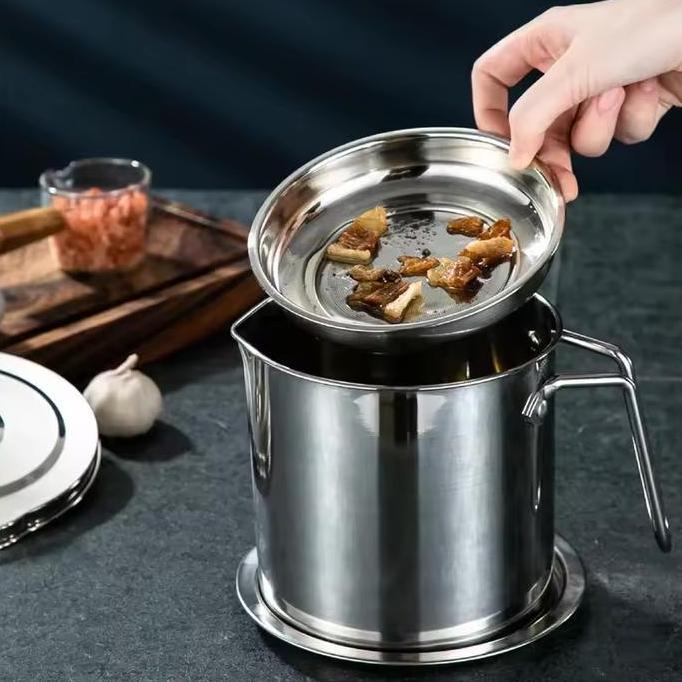 Saringan Minyak Bekas Stainless Steel Oil Strainer Pot 1.3 - 1.6L Container Mesh Strainer Grease Con