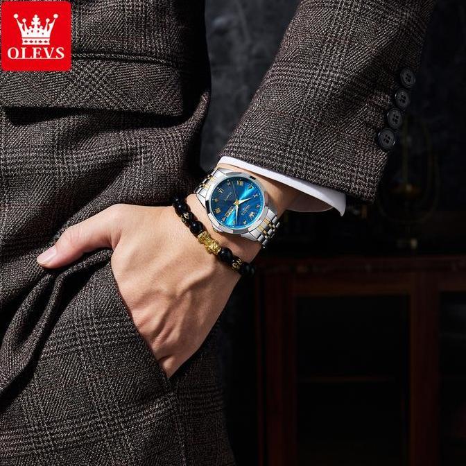 Boshi- Olevs Jam Tangan Pria Anti Air Rantai Keren Terbaru Meh Biru Putih Luxury Stainless Steel Men