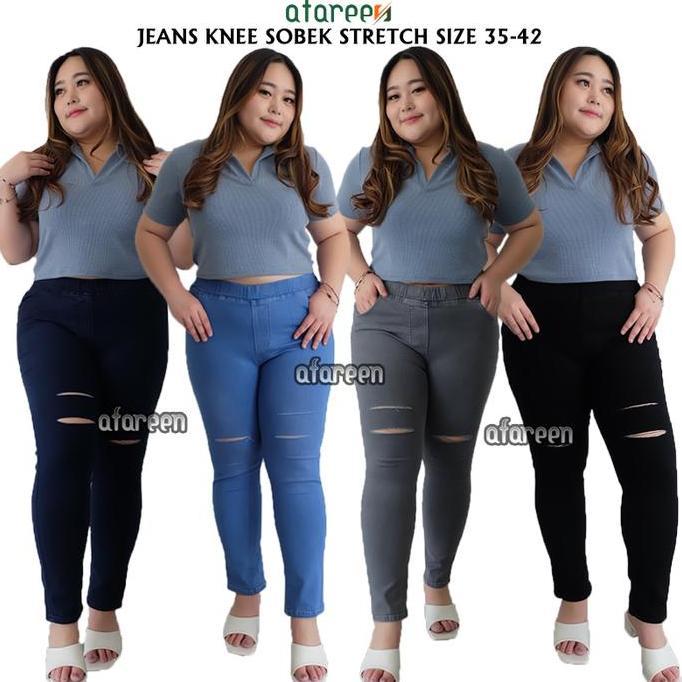 Afareen - Jeans Pinggang Karet Jumbo Ripped Celana Jeans Sobek Wanita Knee Legging Jeans Jumbo Size 
