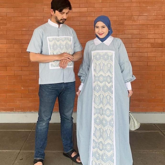 Sijii Zifa Set Couple Stripe Lace Bordir Gamis Dress + Koko Lebaran 2026