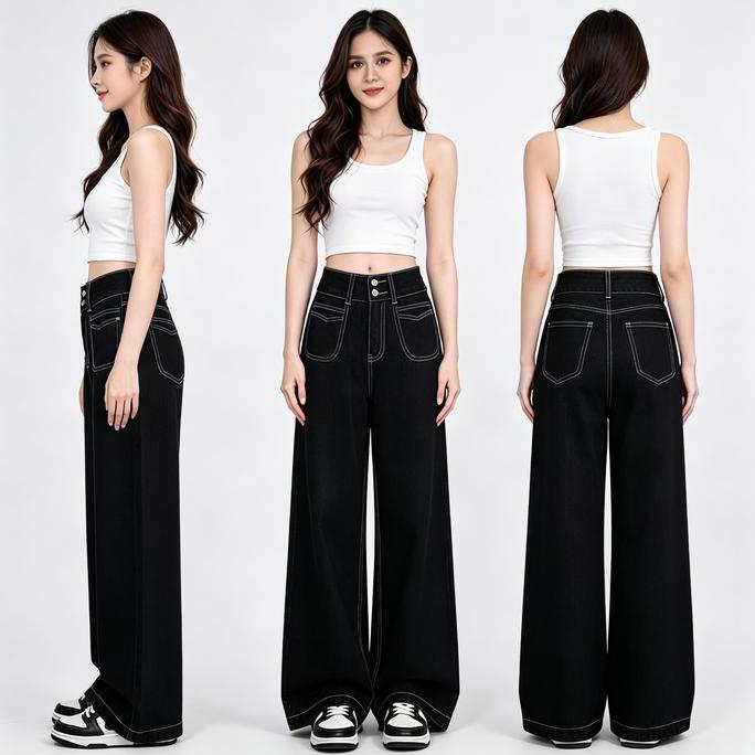 MEET.U S-7XL Celana Jeans Lurus Wanita Berwarna Hitam Loose Highwaist Jeans Kaki Lebar