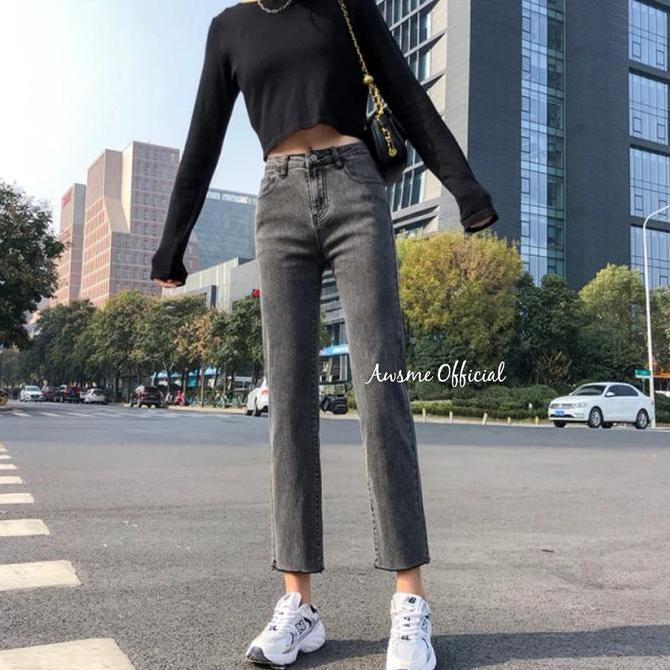 (27-34) Boyfriend Jeans Wanita Unfinished Korean Kekinian Warna Snowblack