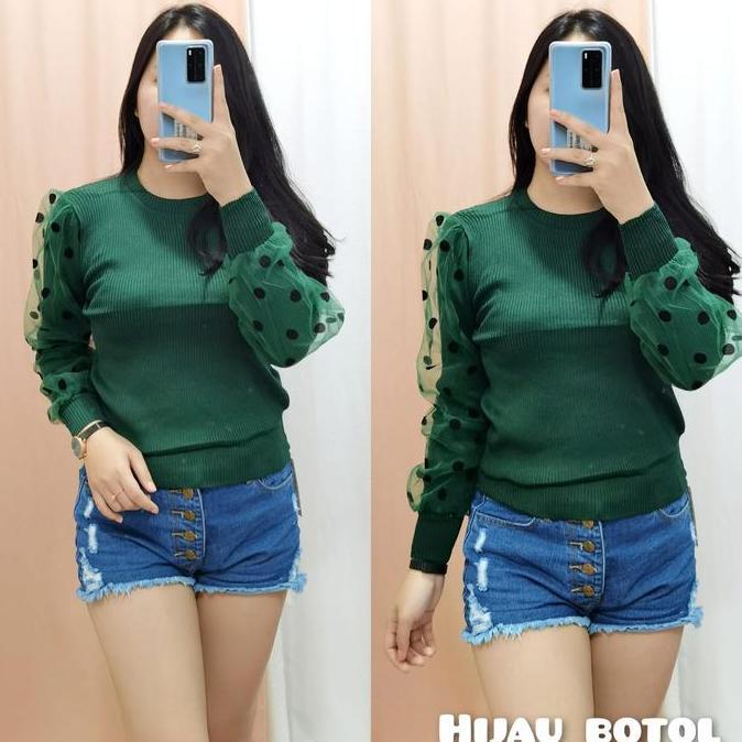Gliveo - Blouse Lengan Balon Tile Polka Kecil Rajut Import / Atasan Rajut Lengan Panjang/ Blus Rajut