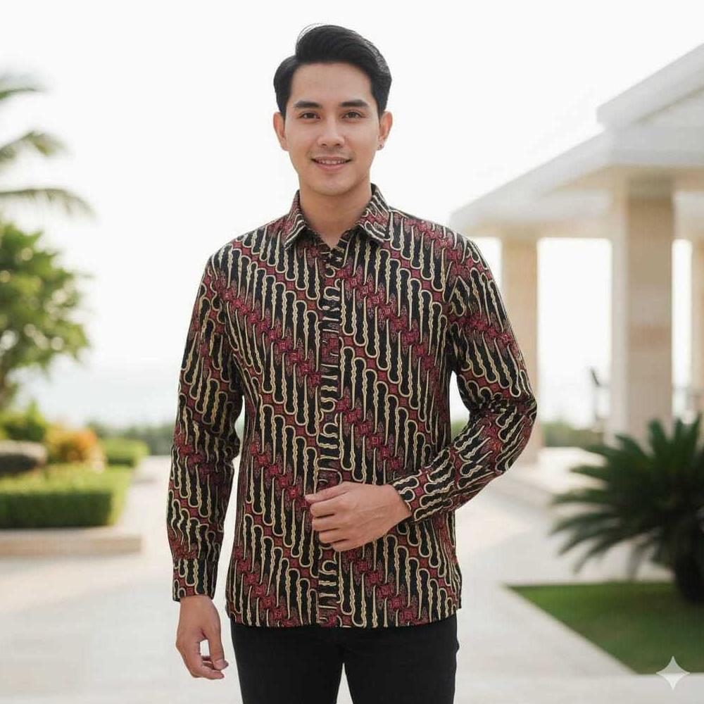 NEW Kemeja Katun Batik Pria Dewasa Lengan Panjang Jumbo XL / XXL Baju Couple Keluarga Lebaran