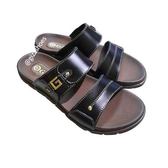 Sandal Gats LG 112 Slide Ban 2 Pria Cowok Cowo Laki-laki Kulit Leather 100% Murah Gat's Hitam Black 