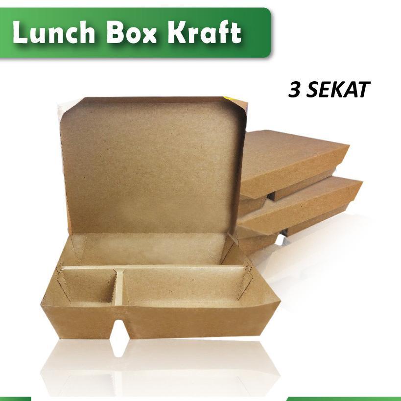 Terlaris Paper Lunch Box Sekat 3 - Lunch Box Paper Sekatt 3 -  Kotak Bento Sekat 3 - Kraft Coklat ( 