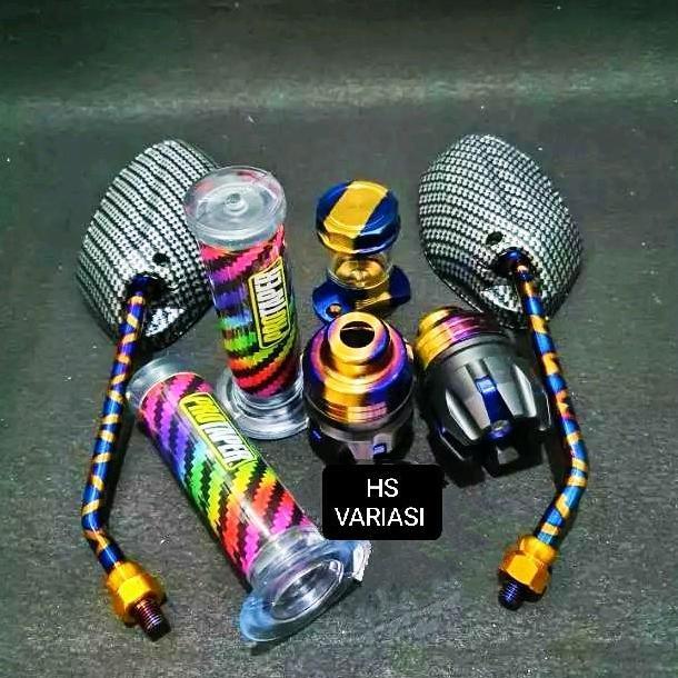 Promo promo paket hemat spion beat blue xx pdk+ Stempel kaca+Jalu as twotone+hangrip pelangi univers