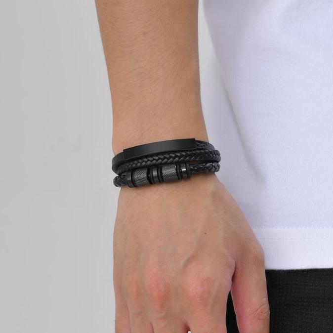 Gelang Kulit Vintage Hitam Beranyam untuk Pria Tahun 2025 dengan Aksesori Bracelet Titanium Hadiah u