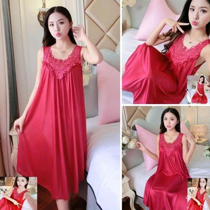 Vestito- Baju Tidur Nita Dress Lingerie Sexi Daster Happy Satin L Fit Xl Desa Panjang