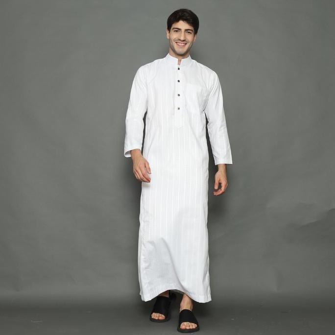 Gamis Pria Arab Jubah Pria Putih Thobe Motif Salur Lengan Panjang Muslim Remaja & Dewasa