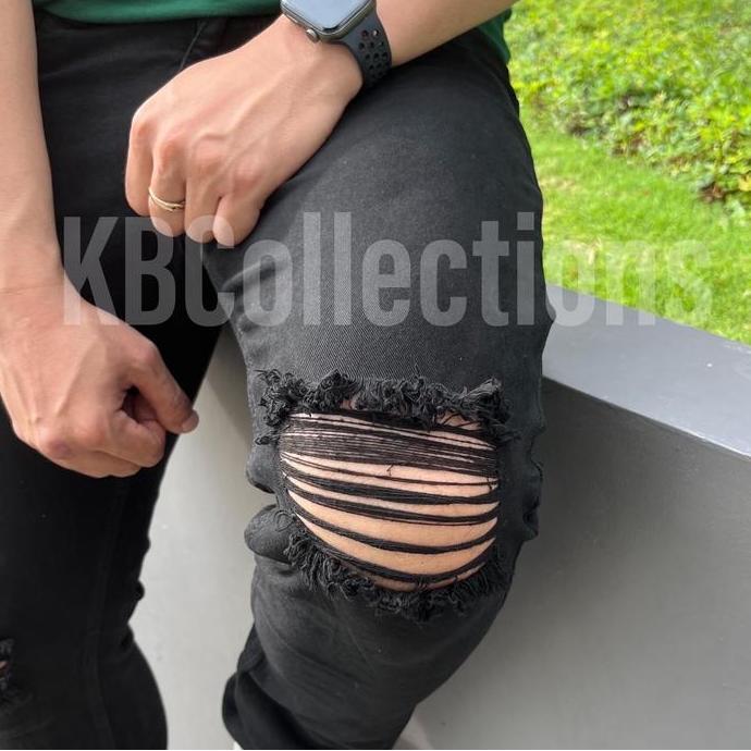 Anata- Celana Jeans Hitam Pria Sobek Dan Polos