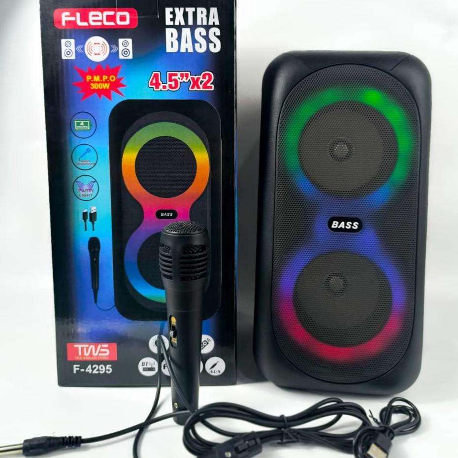 Speaker Portable Bluetooth Wireless Fleco F-4295 4.5Inx2 Free Mic Dual Rgb Led Light Play