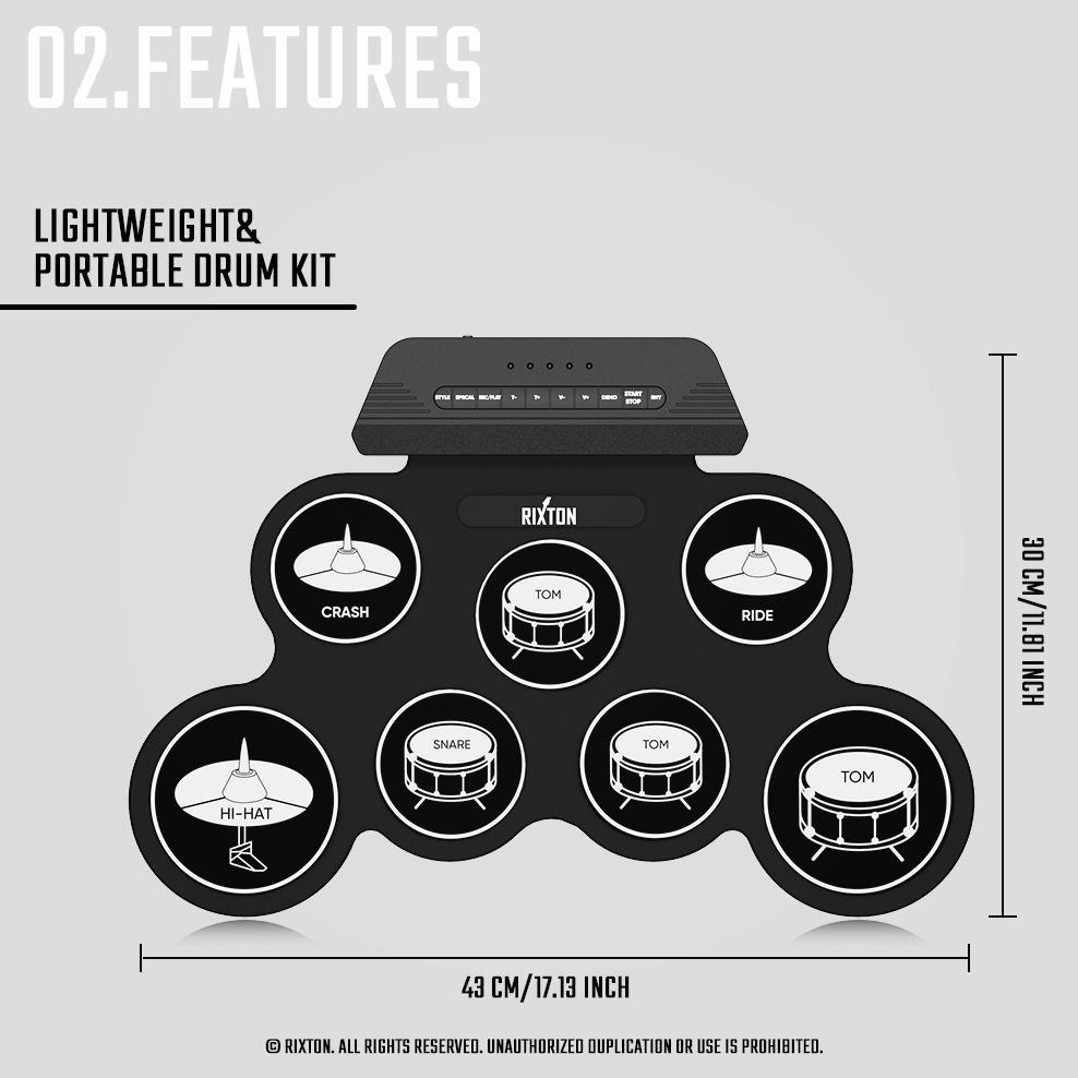 ABIMAYUSHOP RIXTON DRUM ELEKTRONIK PORTABEL DIGITAL USB 7 BANTALAN ROLL UP DRUM SET SILICONE ELECTRI