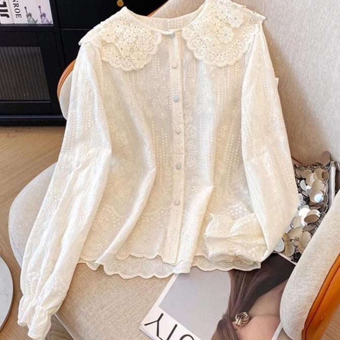 Blouse Putih Korea White Blouse Basic Wanita / Kemeja Blouse Wanita Katun murni, sedikit transparan.
