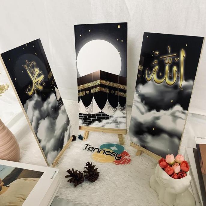Tennesy Hiasan Dinding 1 Set Kaligrafi Kabah Allah Muhammad 45X30Cm 3 Panel Pajangan Kamar Dekorasi 