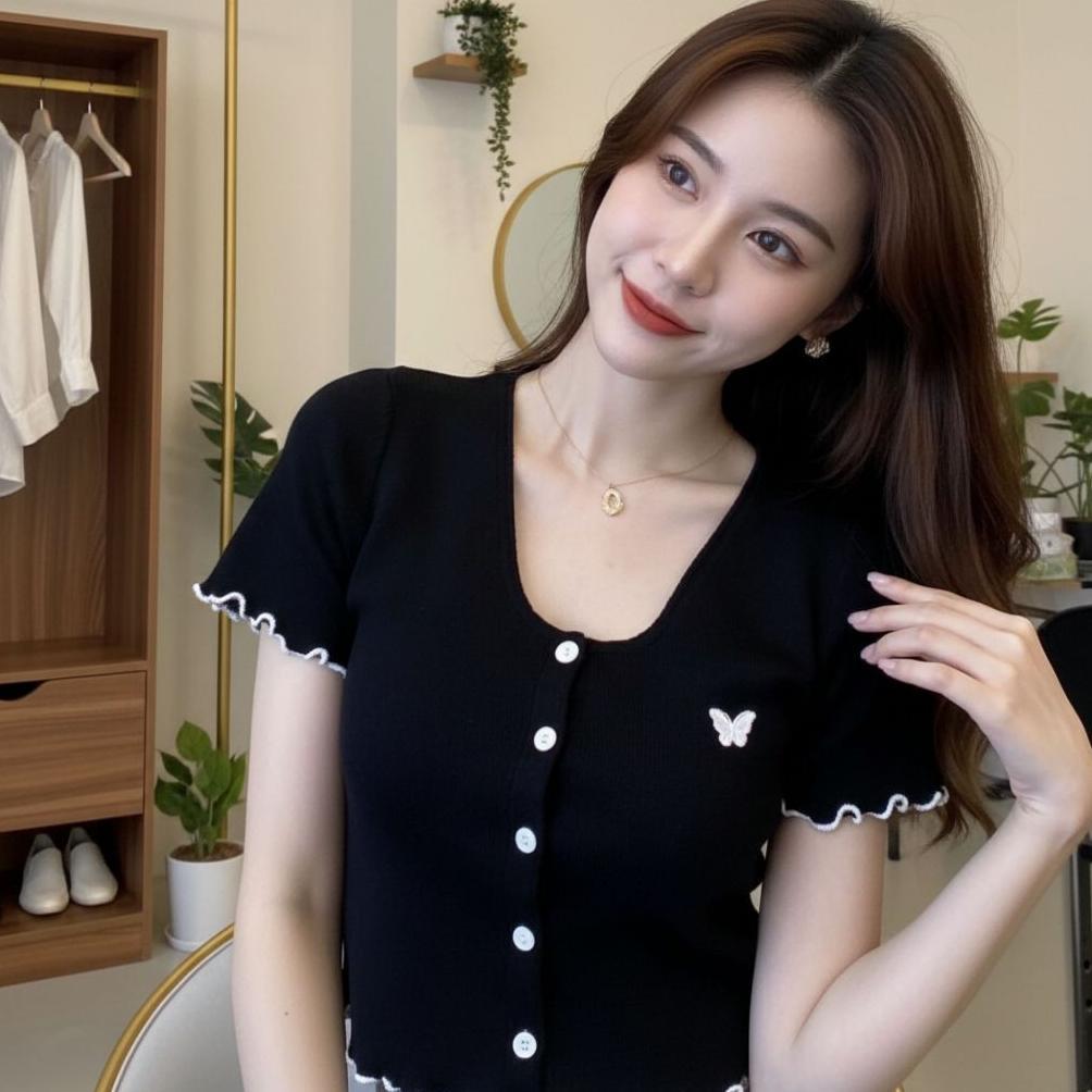 Terbaru Elody Crop Top Button Rib Butterfly / Kaos Crop Top Lengan Pendek Korean Style Atasan Wanita