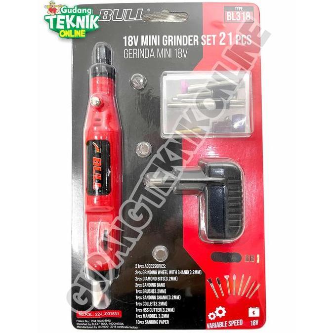 XERANA BULL Mini Die Grinder Set 21pcs 18V BULL BL318 BLISTER / Alat Gerinda Bor Tuner Mini Kecil BL