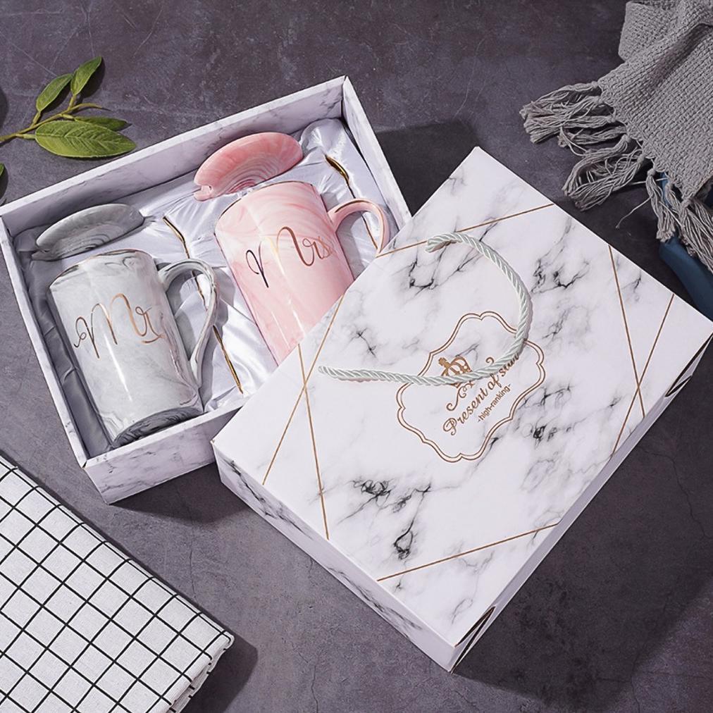 Diskon Hampers Gelas Marble Glass Couple / Canada Marble Mug Gift Box / Gelas Mug Marble Tutup / Ham