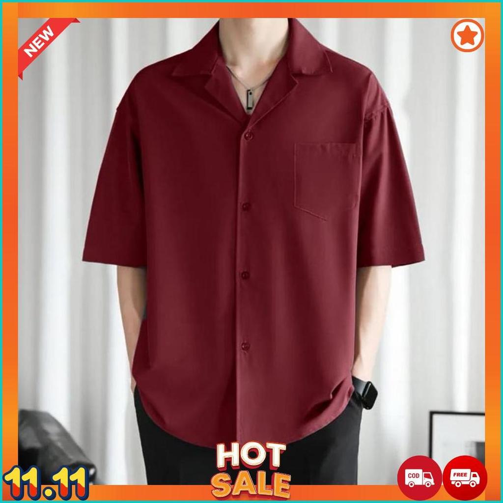 Kemeja Hawai Polos Pria Keren Outfit Cowok Pantai Kerah Piyama Katun Rayon Premium [K7]