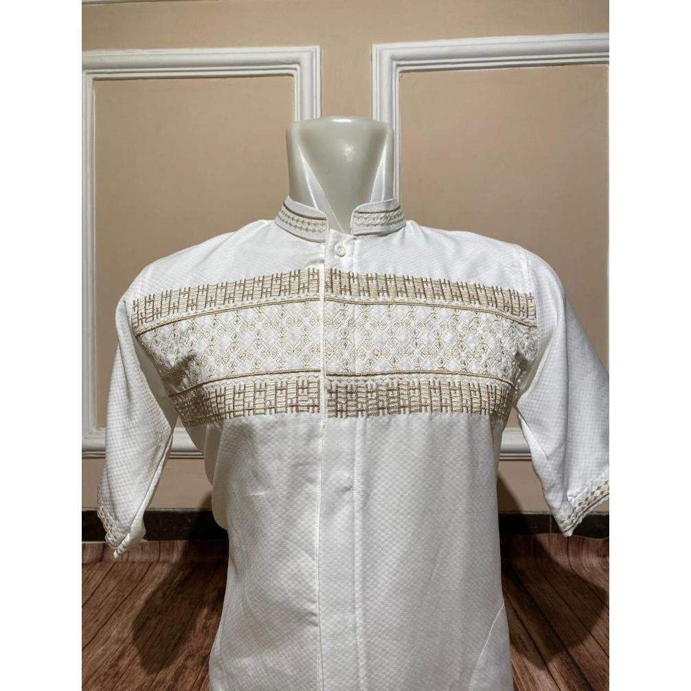 PREMIUM Baju koko muslim bordir lengan pendek putih tulang broken white sutra jaguar kenzi