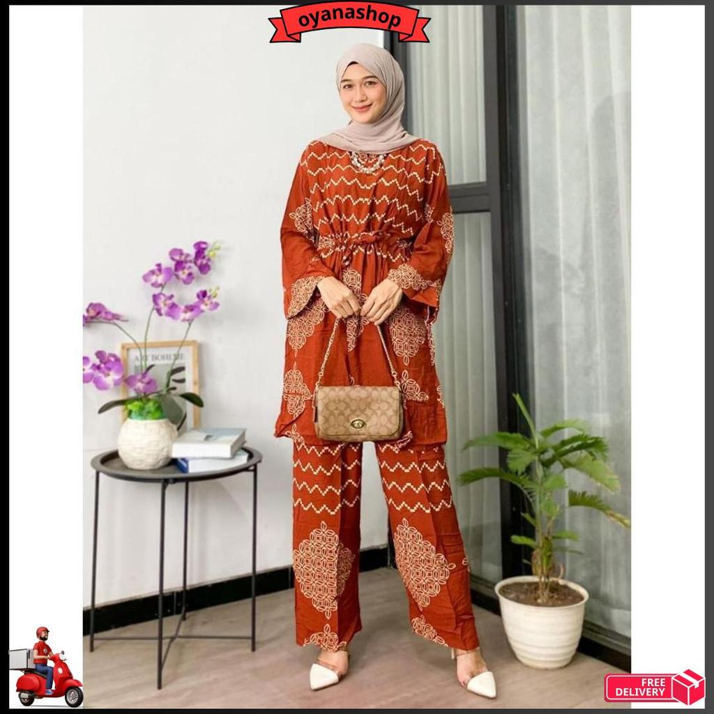 One Set Wanita Kekinian Jumbo Rayon Premium Busui Motif Sonya / Tunik Wanita Setelan Celana Terbaru 