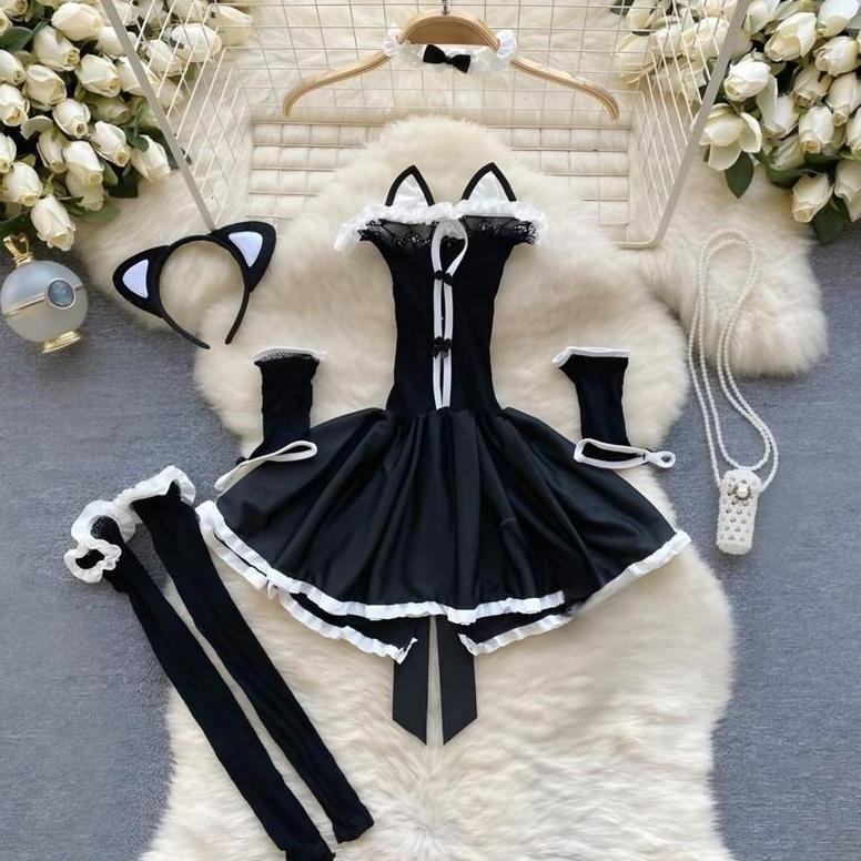Grosir Catty Lingerie Cosplay Kostum Kucing Set Bandana Stocking Wanita Sexy Baju Dinas Malam Istri 